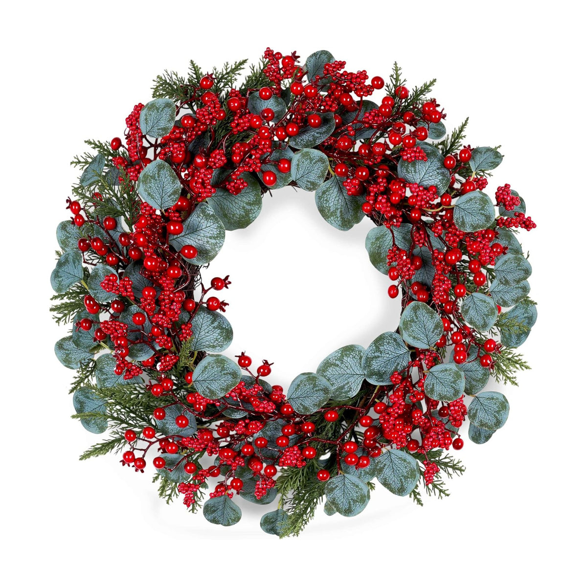 Artificial Christmas Wreath 22inch Christmas Wreaths for Front Door Xmas Red Berry Wreath with Eucalyptus Leaves Pine Needles Red Berries for Wall Farmhouse Window Winter Holidays