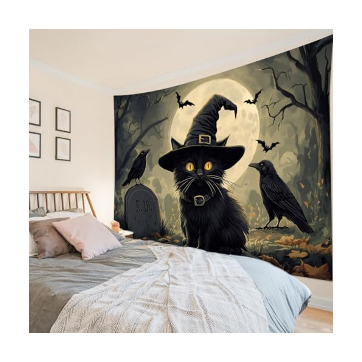 LB Halloween Black Cat Tapestry, Night Forest Full Moon and Black Crow Scary Halloween Wall Tapestry for Bedroom, Spooky Gothic Wall Art for Living Room Dorm Home Decor Ready to Hanging, 80 x 60 Inches