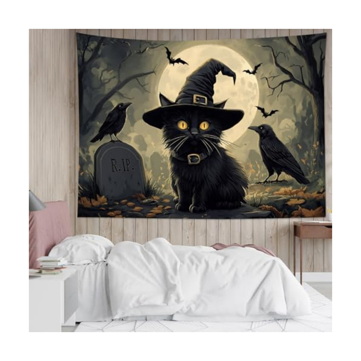 LB Halloween Black Cat Tapestry, Night Forest Full Moon and Black Crow Scary Halloween Wall Tapestry for Bedroom, Spooky Gothic Wall Art for Living Room Dorm Home Decor Ready to Hanging, 59 x 51 Inches