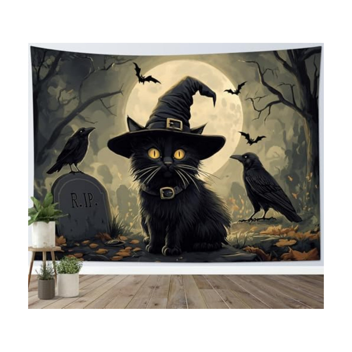 LB Halloween Black Cat Tapestry, Night Forest Full Moon and Black Crow Scary Halloween Wall Tapestry for Bedroom, Spooky Gothic Wall Art for Living Room Dorm Home Decor Ready to Hanging, 92.5 x 70.9 Inches