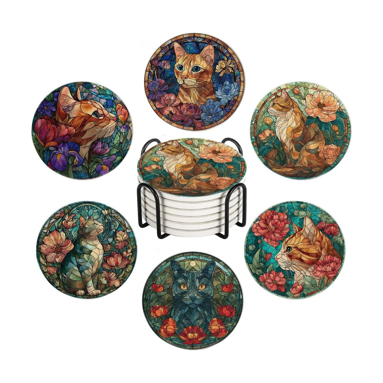 Metal Holder Stand / Stained Glass Cat / Round