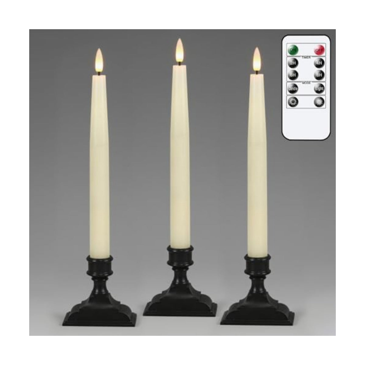 GenSwin Christmas Window Candles with Remote Timer, 3 Pcs Battery Operated Window Candles, Real Wax LED Flameless Taper Candle with Black Flameless Candlesticks for Home Decor(Ivory)
