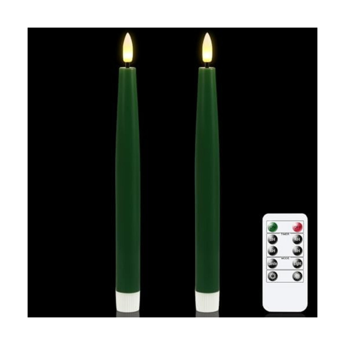 GenSwin Flameless Taper Candles with Remote Timer, Real Wax LED Flickering Candlesticks Battery Operated 3D Wick for Wedding, Party, Home(Christmas Green, 9.84", Set of 2)