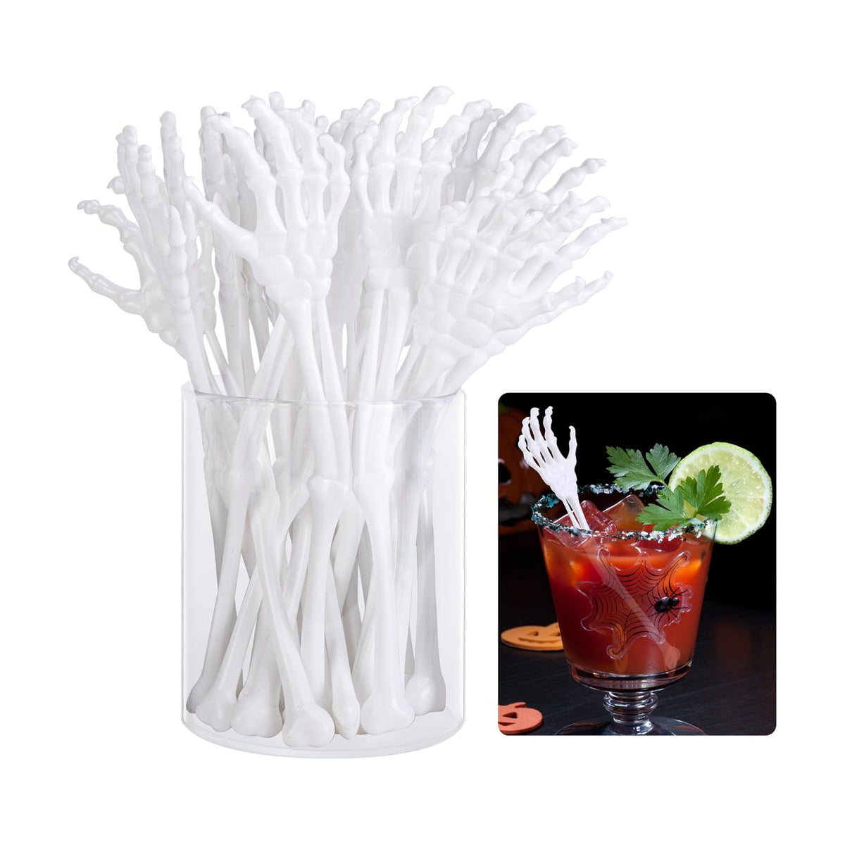 RunNico 25 Pcs 5.9''x1.5'' Halloween Skeleton Cocktail Stirrers, Reusable Skeleton Hand Swizzle Sticks, Halloween Plastic Drink Stirrer for Home Bar Horror Party Table Decorations Photo Props