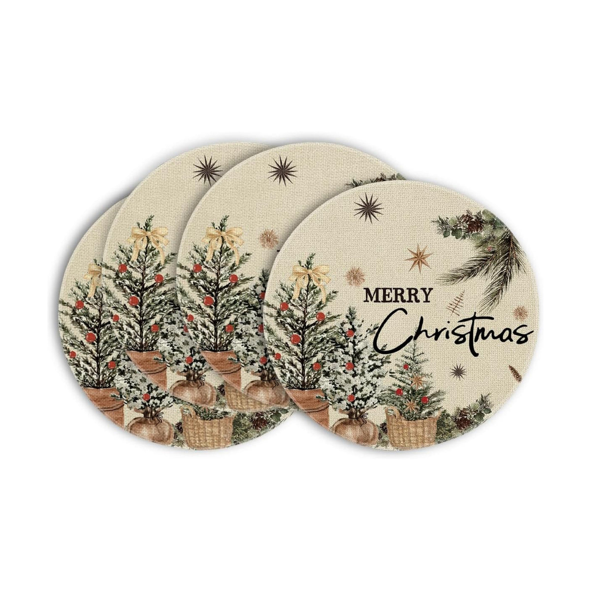Artoid Mode Xmas Trees Holly Pine Cone Merry Christmas Round Placemats Set of 4, 14 Inch Winter Round Table Mats for Dining Decoration