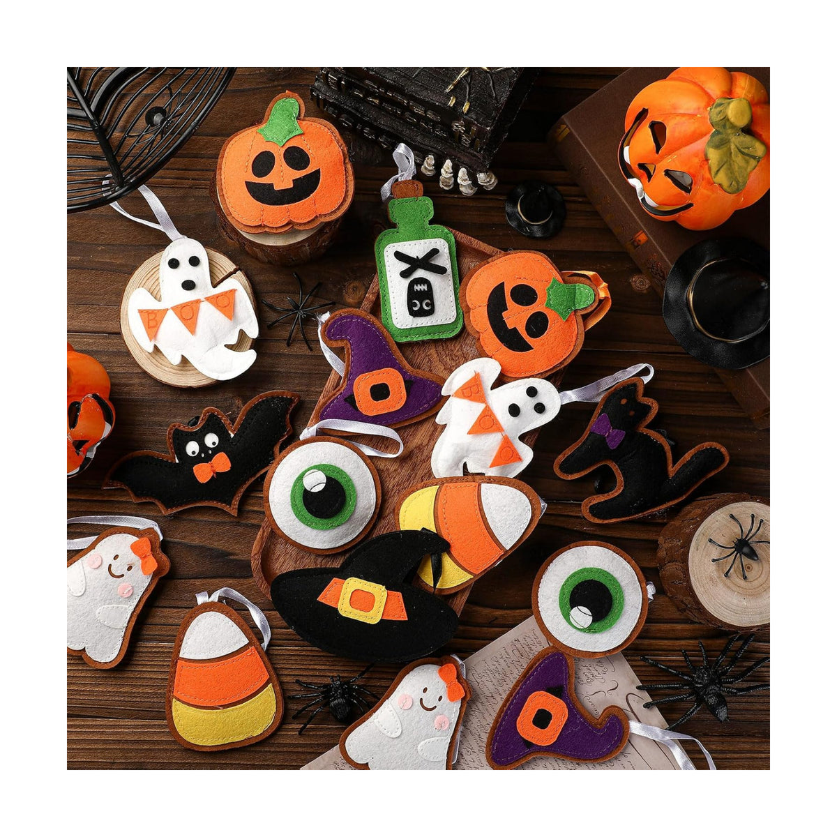 Breling 20 Pcs Halloween Felt Ornaments 3D Halloween Tree Hanging Decorations 3.15 Inch Ghost Bat Pumpkin Black Cat Witch Hat Felt Ornaments for Garland Banner Mantle Wall Party Decor