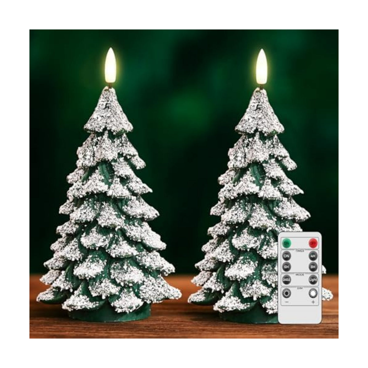 Christmas Tree Candles Covered in Snow with Remote, 2 Pcs Waxy LED Flameless Candles Flickering, Green Electric Candles Battery Operated for New Year Celebration Holiday Decorations 8.5 Inches