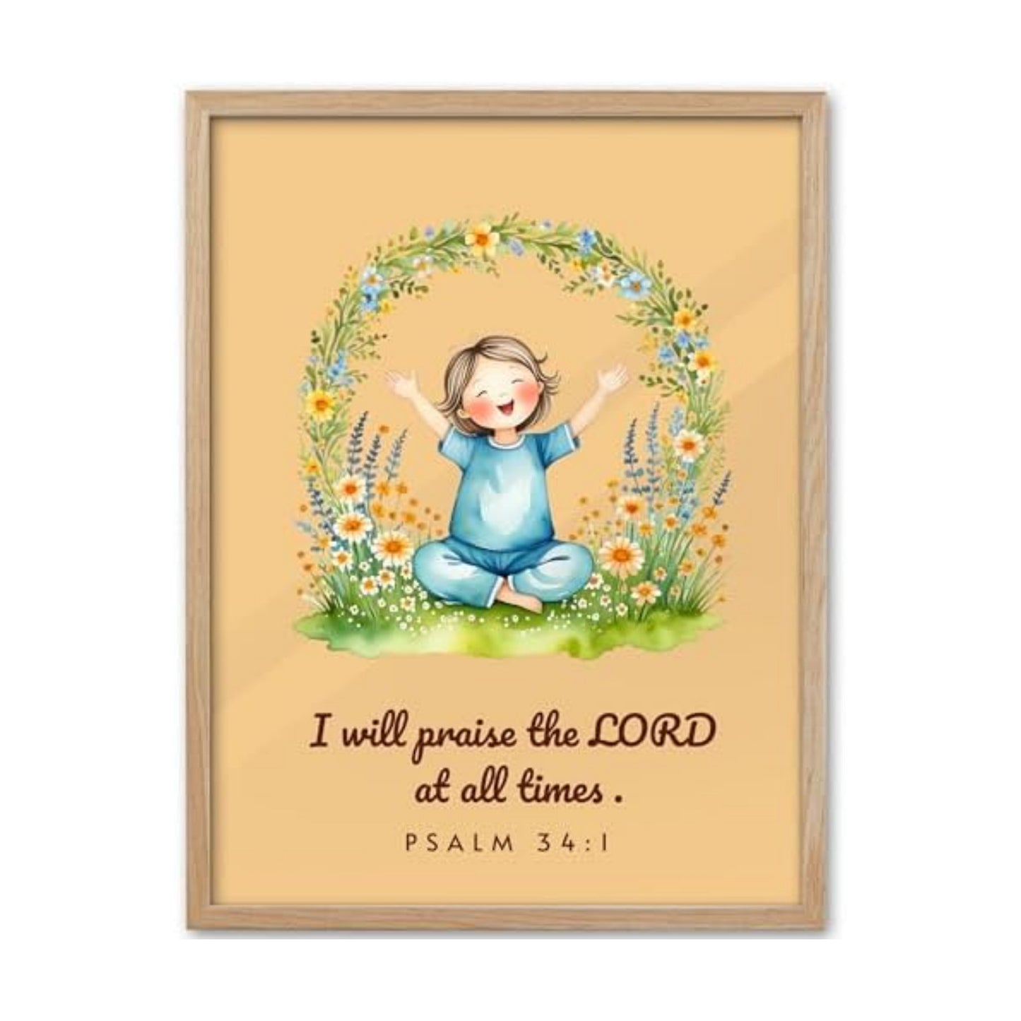 KensTro 12x16 Oak Framed Psalm 34:1 Praise the Lord Wall Art