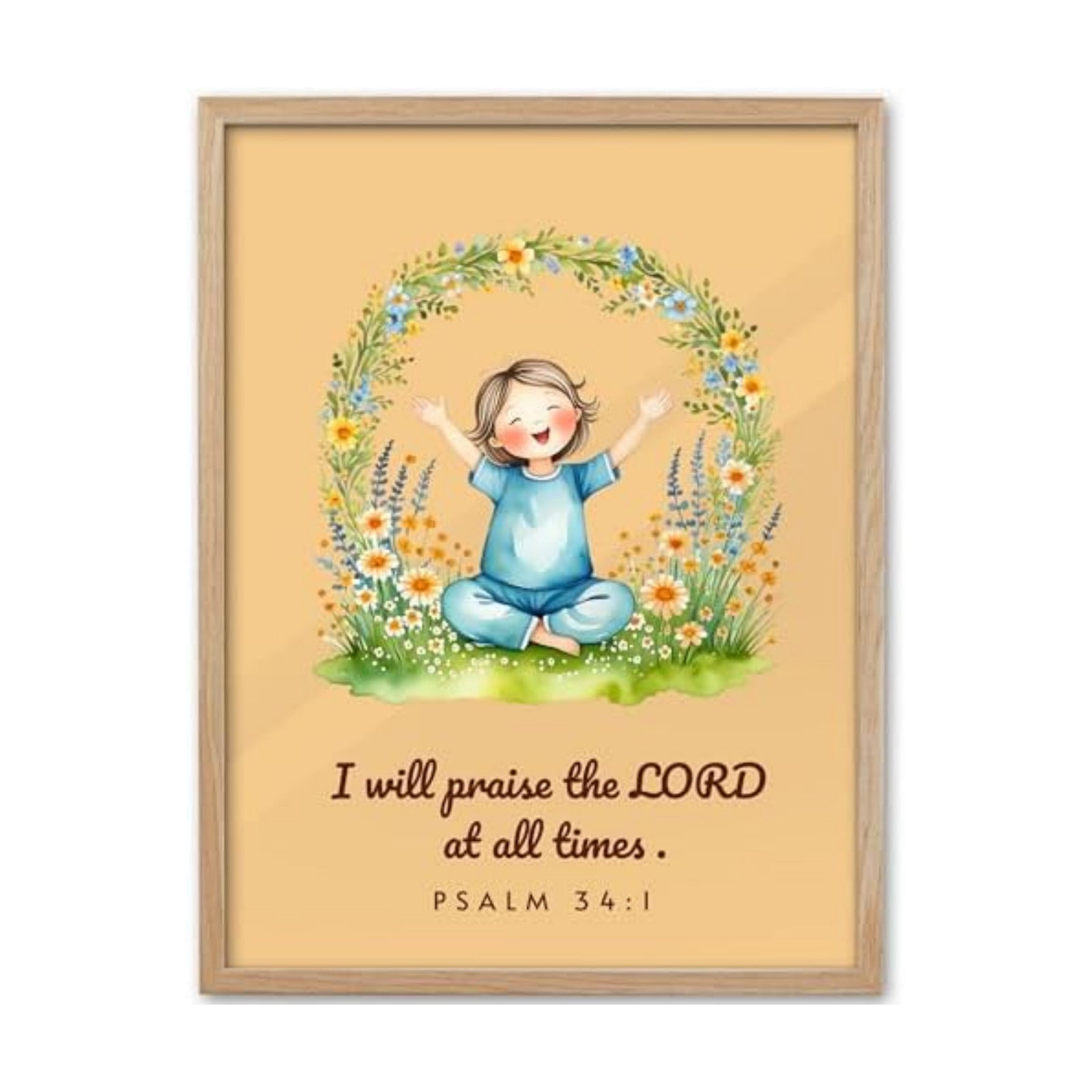 KensTro 12x16 Oak Framed Psalm 34:1 Praise the Lord Wall Art