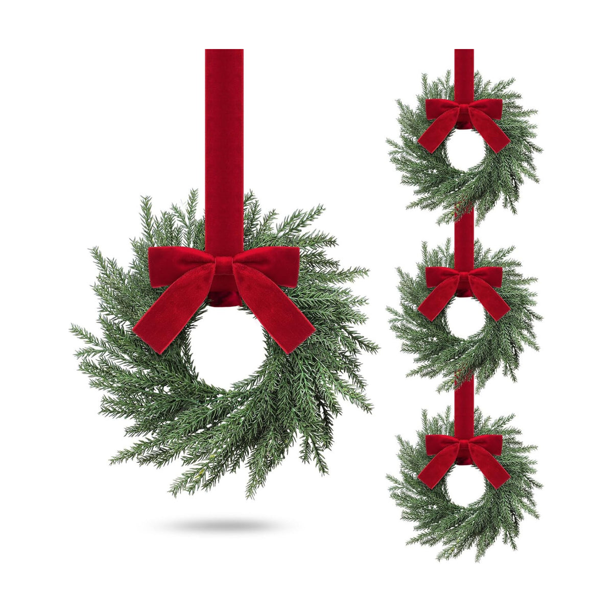 4 Pcs Small Christmas Norfolk Wreaths Evergreen 12.6 Inch Christmas Kitchen Cabinet Mini Wreaths Real Touch with Bow and Burgundy Ribbon for Xmas Front Door Window Home Table Pillar Decor