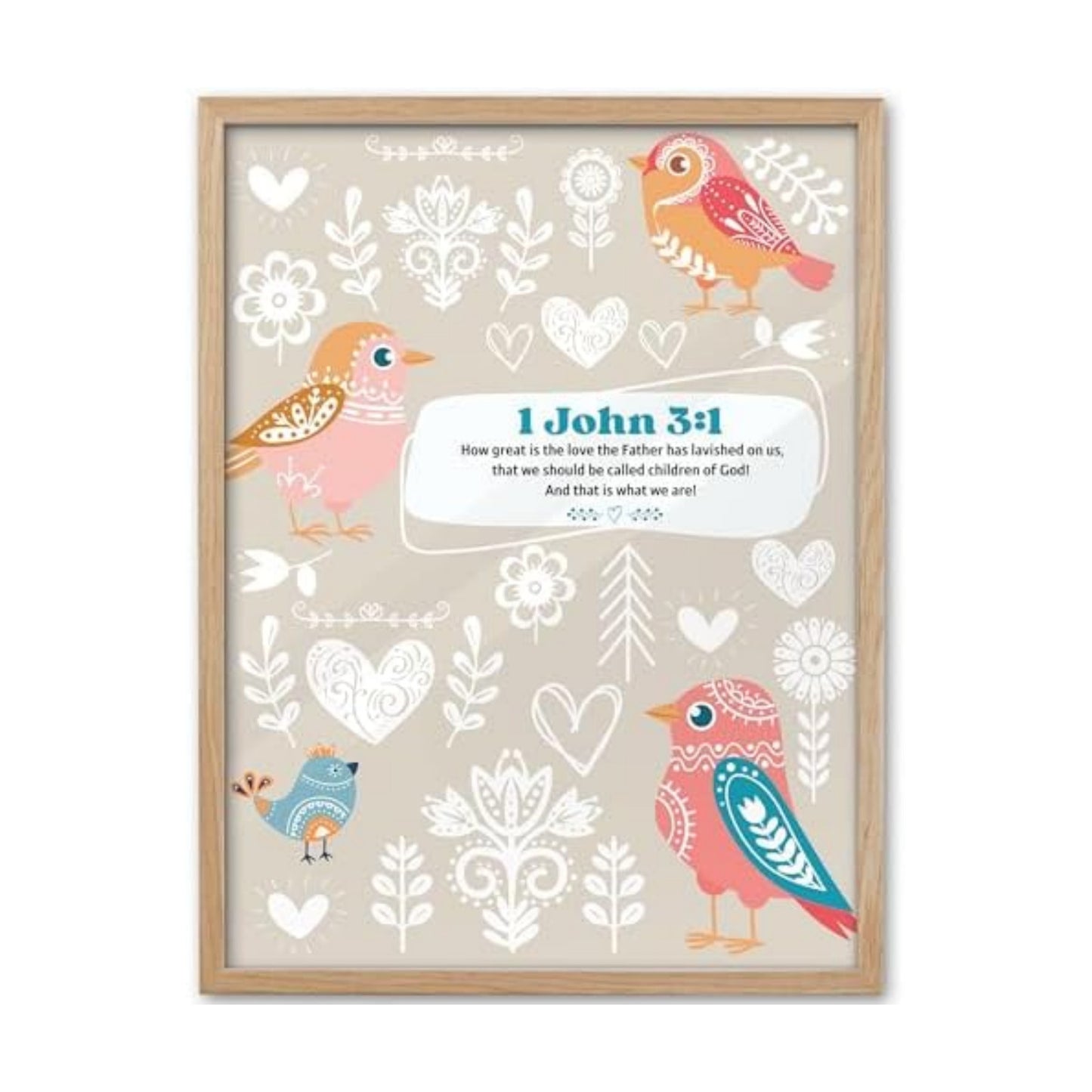 KensTro 12x16 Oak Framed 1 John 3:1 Christian Bird Wall Art