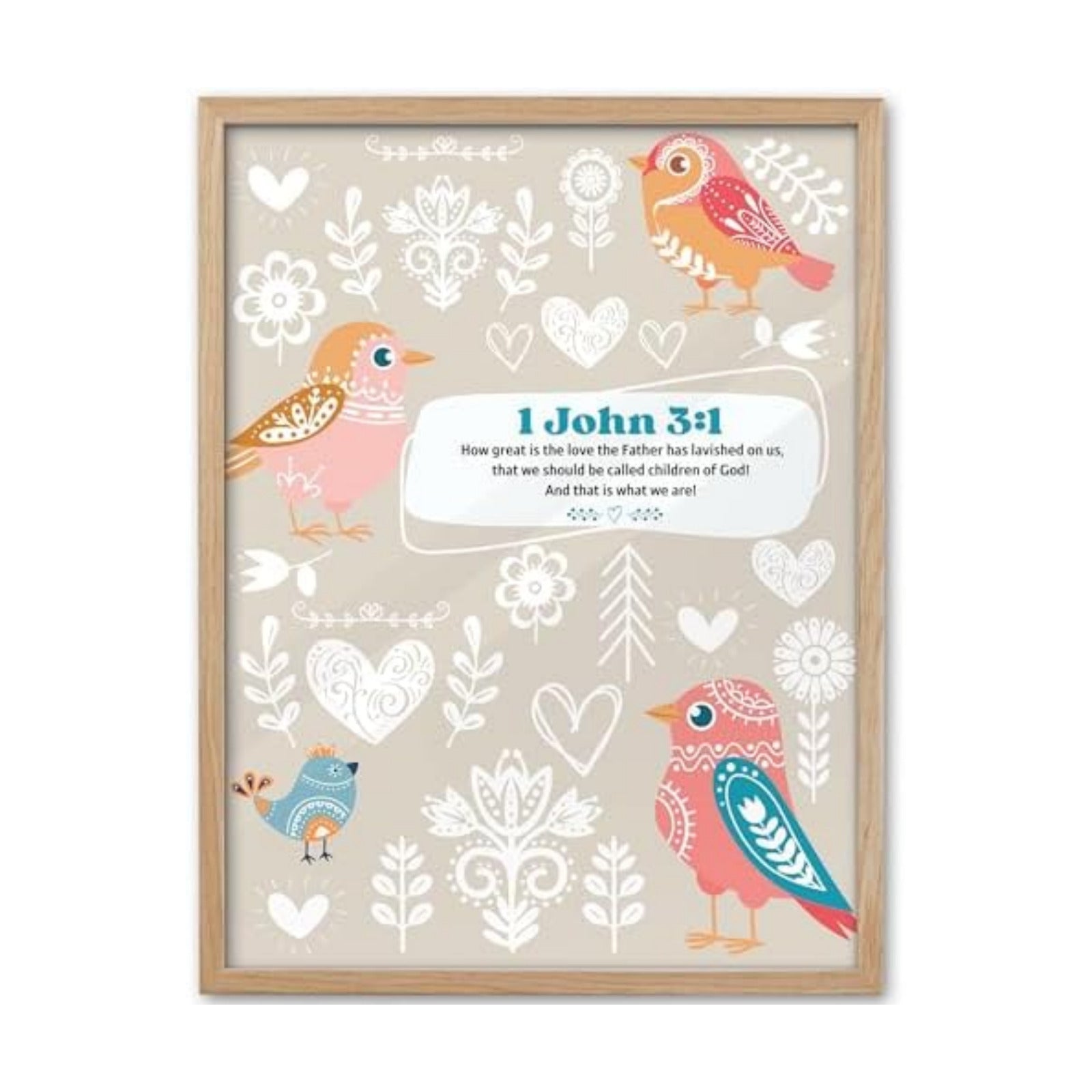 KensTro 12x16 Oak Framed 1 John 3:1 Christian Bird Wall Art