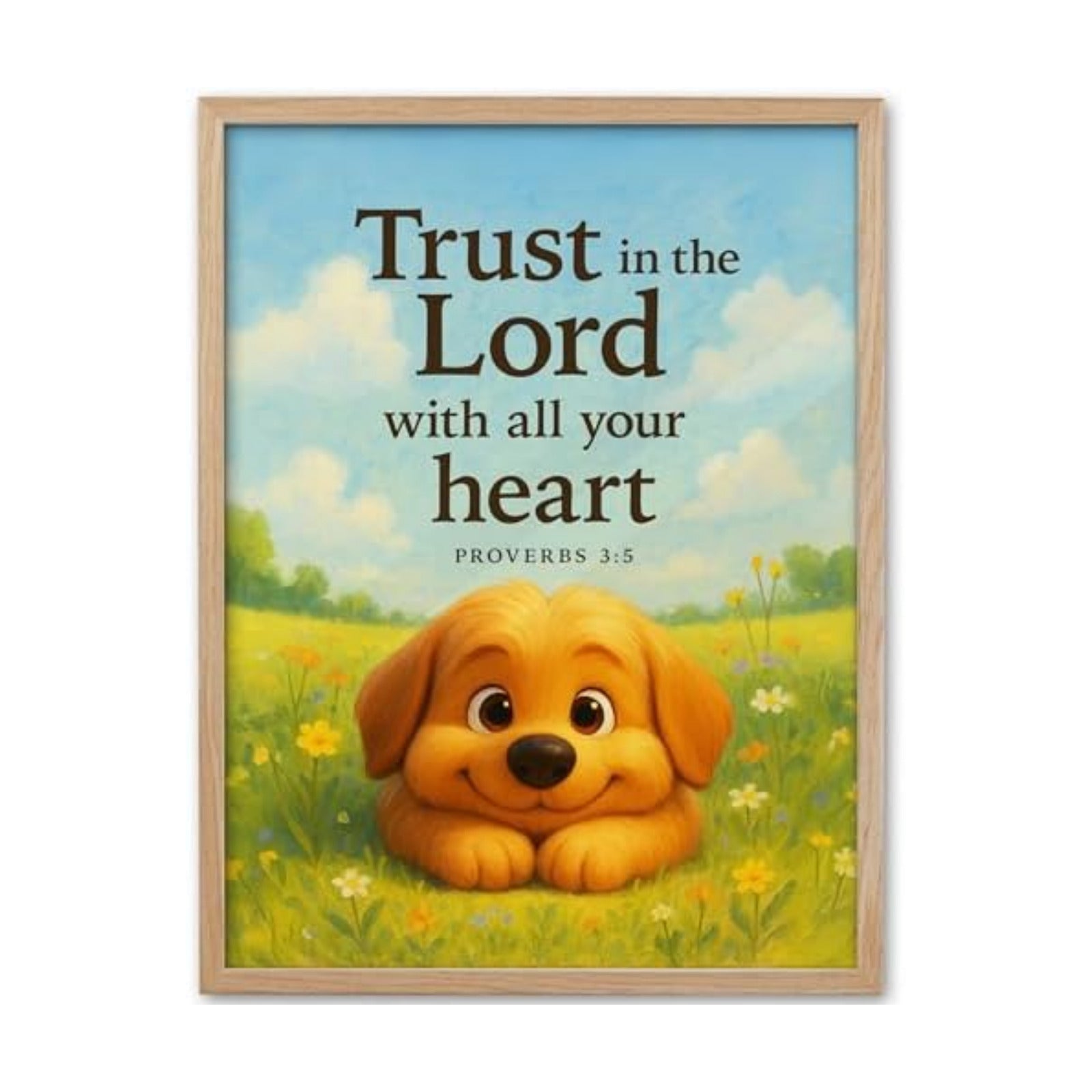 KensTro 12x16 Oak Framed Proverbs 3:5 Puppy Christian Wall Art