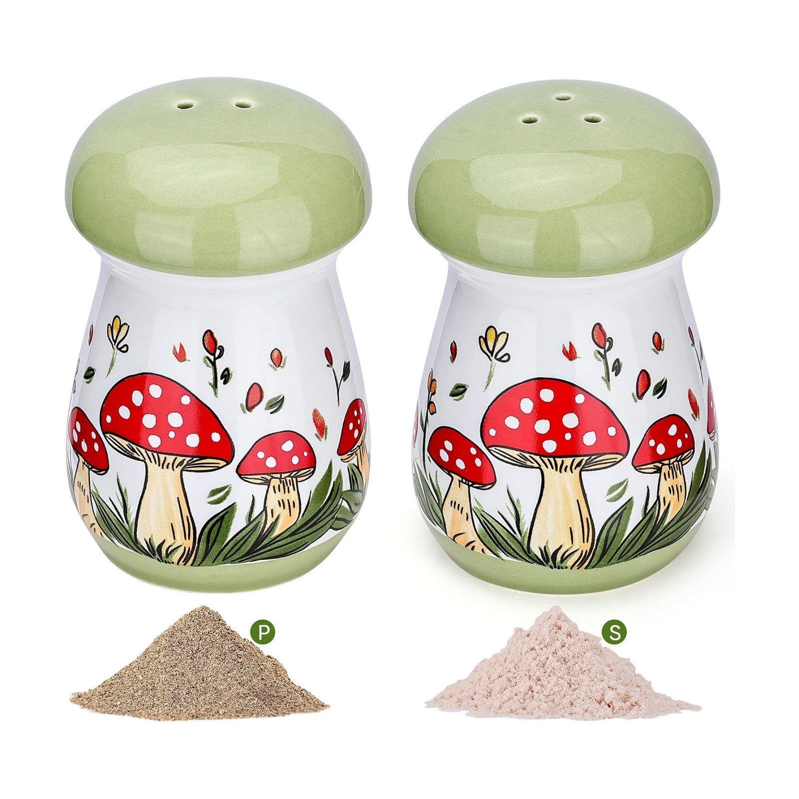 Ceramic Mushroom Salt and Pepper Shakers Set / Green