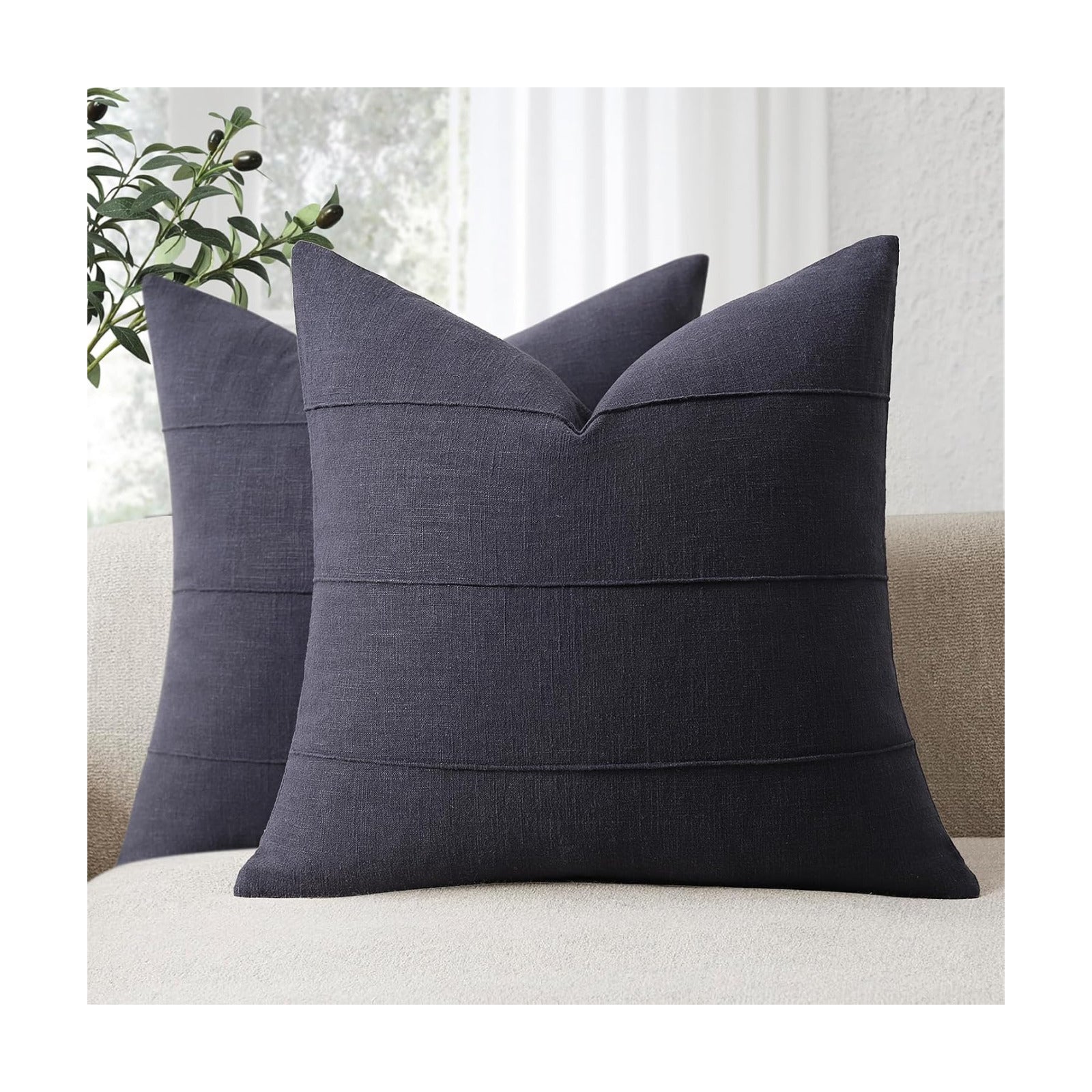 Decorative Linen Throw Pillow Covers Solid Handcrafted Striped / Dark Navy / 18 x 18 / Set of 2
