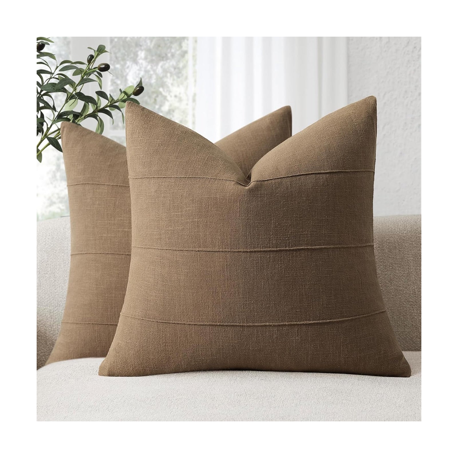 Decorative Linen Throw Pillow Covers Solid Handcrafted Striped / Coco Brown / 18 x 18 / Set of 2