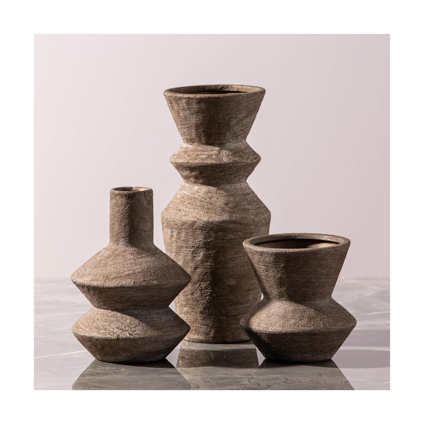 Ceramic Vase Home Table Decor - Brown Flower Vase Set of 3 Living Room Kitchen Decorations Farmhouse Modern Rustic