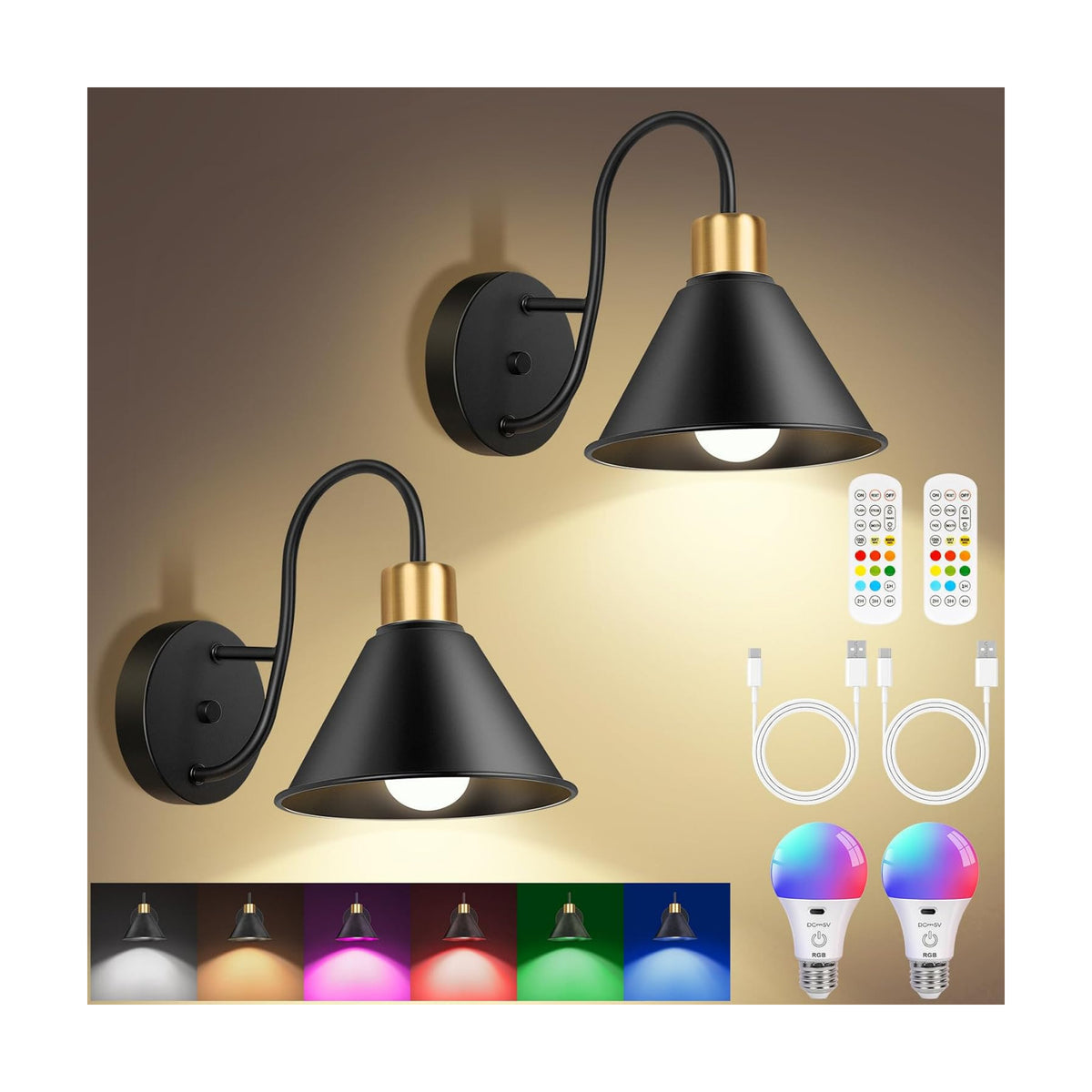 Frideko Rechargeable Battery Operated Wall Sconces Set of Two with Remote, RGB 15 Colors Dimmable Black Wall Light
