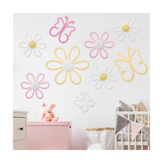 Boho Nursery Decor 3 Size Daisy Flower and Butterflies Woven Macrame Wall / Bright Color / Set of 9