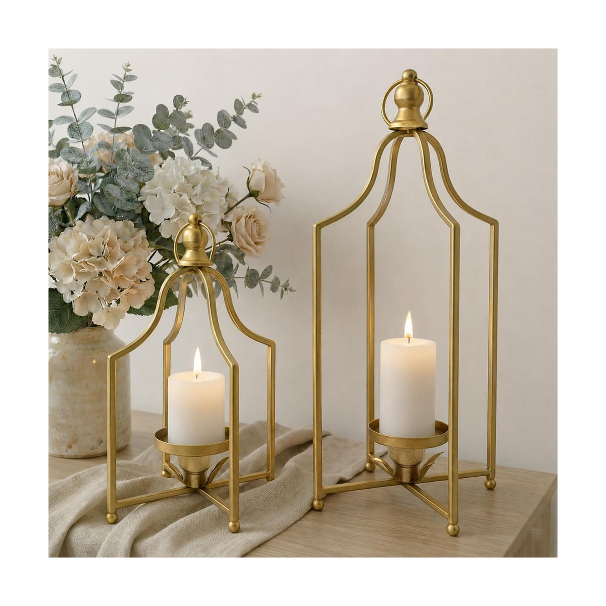 12.5" & 16.5" Timeless Cozy Decorative Lanterns Set of 2, Handcrafted Metal Iron Candle Holders, Farmhouse Elegance