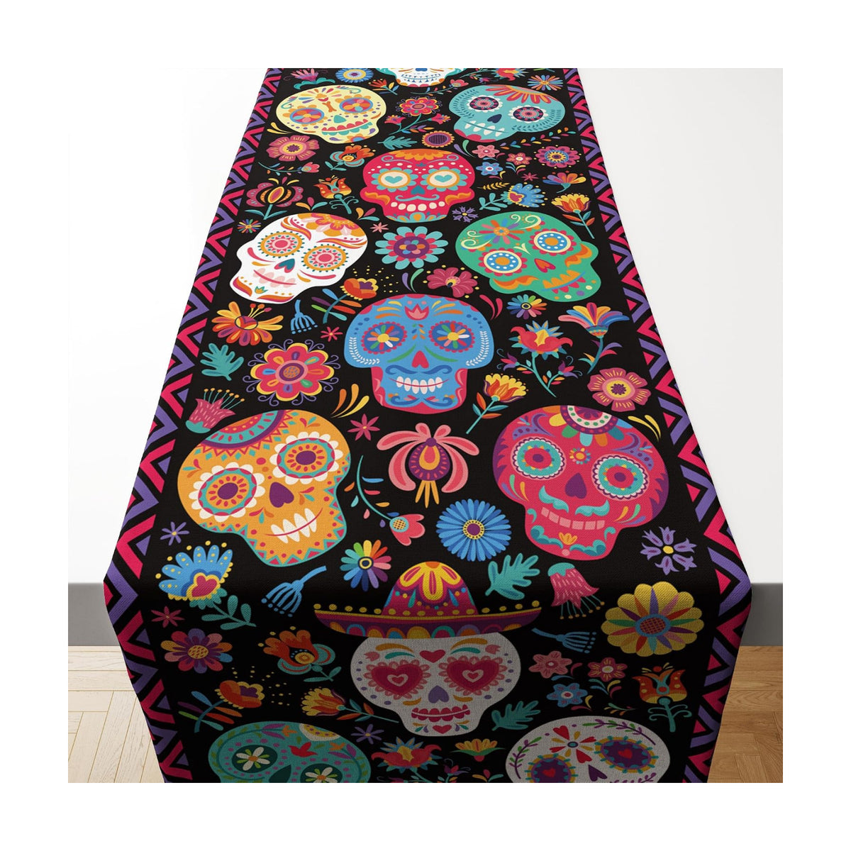 OHOME Dia De Los Muertos Decorations - Sugar Skulls Table Runner | Day of The Dead Catrinas Ofrenda Table Decorations Supplies Backdrop for Mexican Altar De Muertos Indoor Outdoor