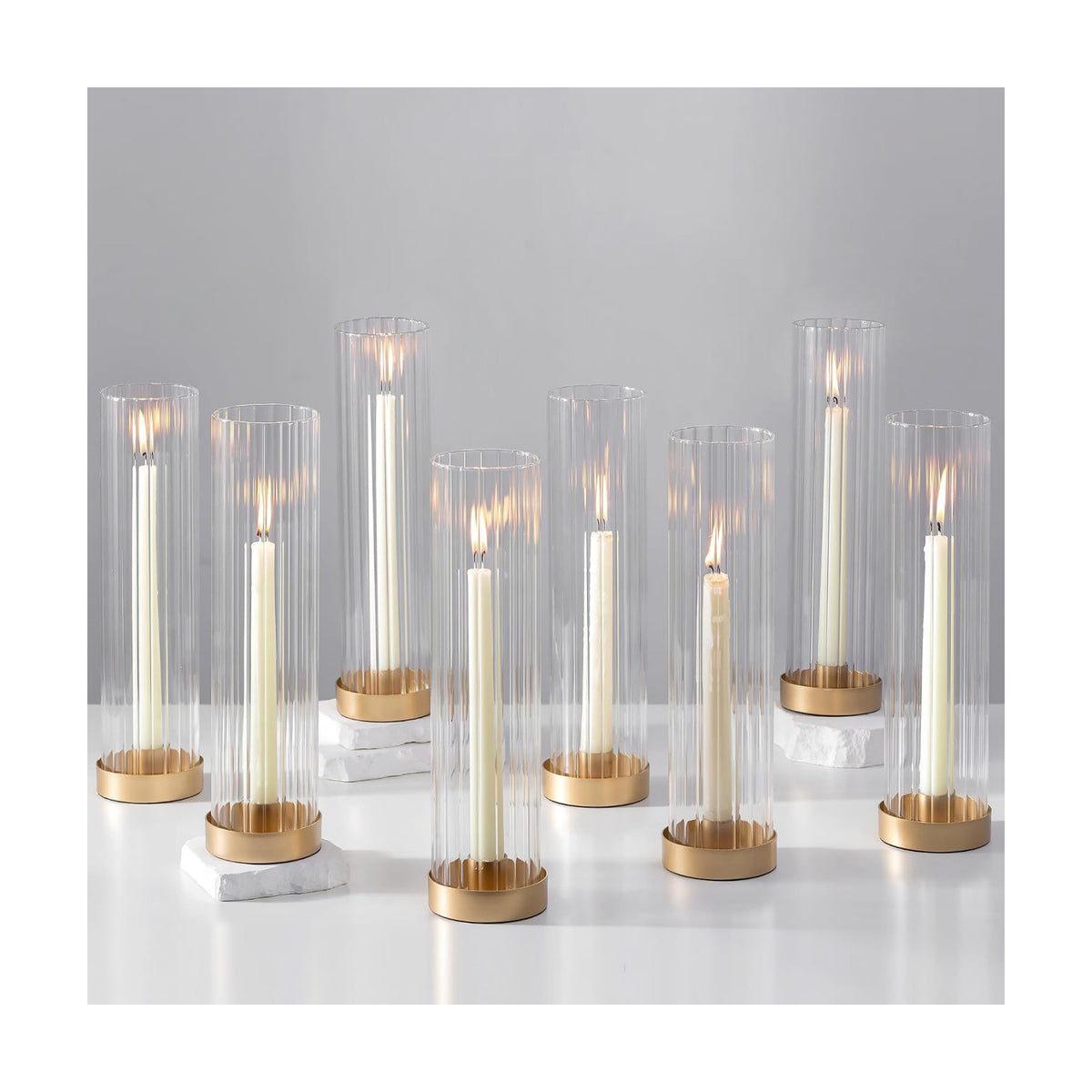 Hewory Hurricane Glass Candle Holders: Set of 8 Gold Candlestick Holders with 11" Tall Clear Cylinder Hurricane Cover