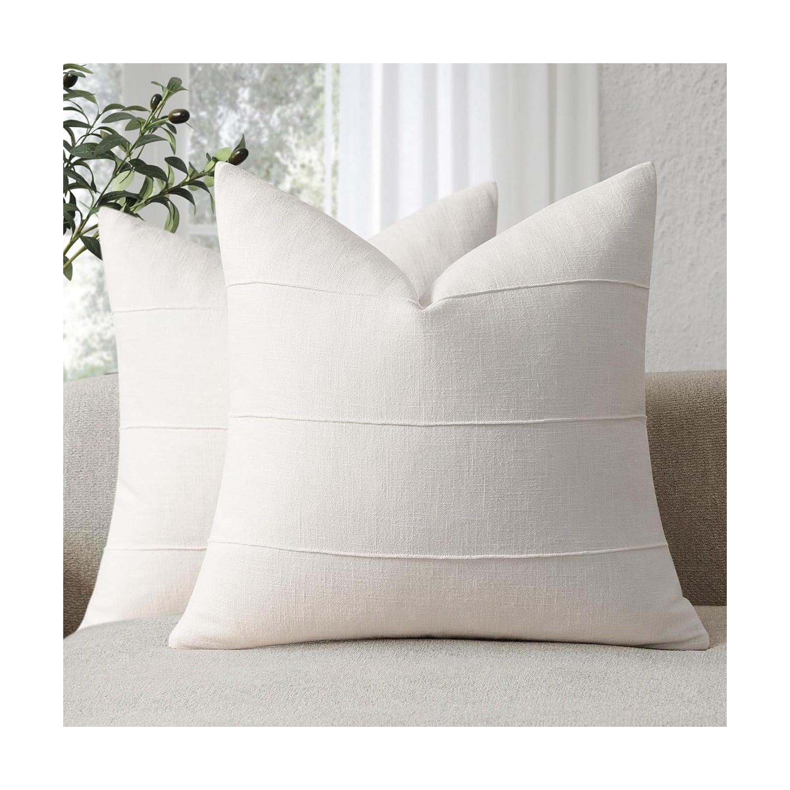 Decorative Linen Throw Pillow Covers Solid handcrafted Striped / Cream White / 18 x 18 / Set of 2