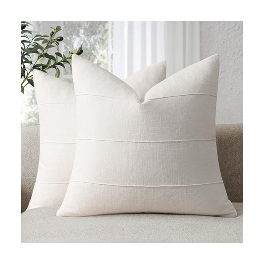 Decorative Linen Throw Pillow Covers Solid handcrafted Striped / Cream White / 18 x 18 / Set of 2