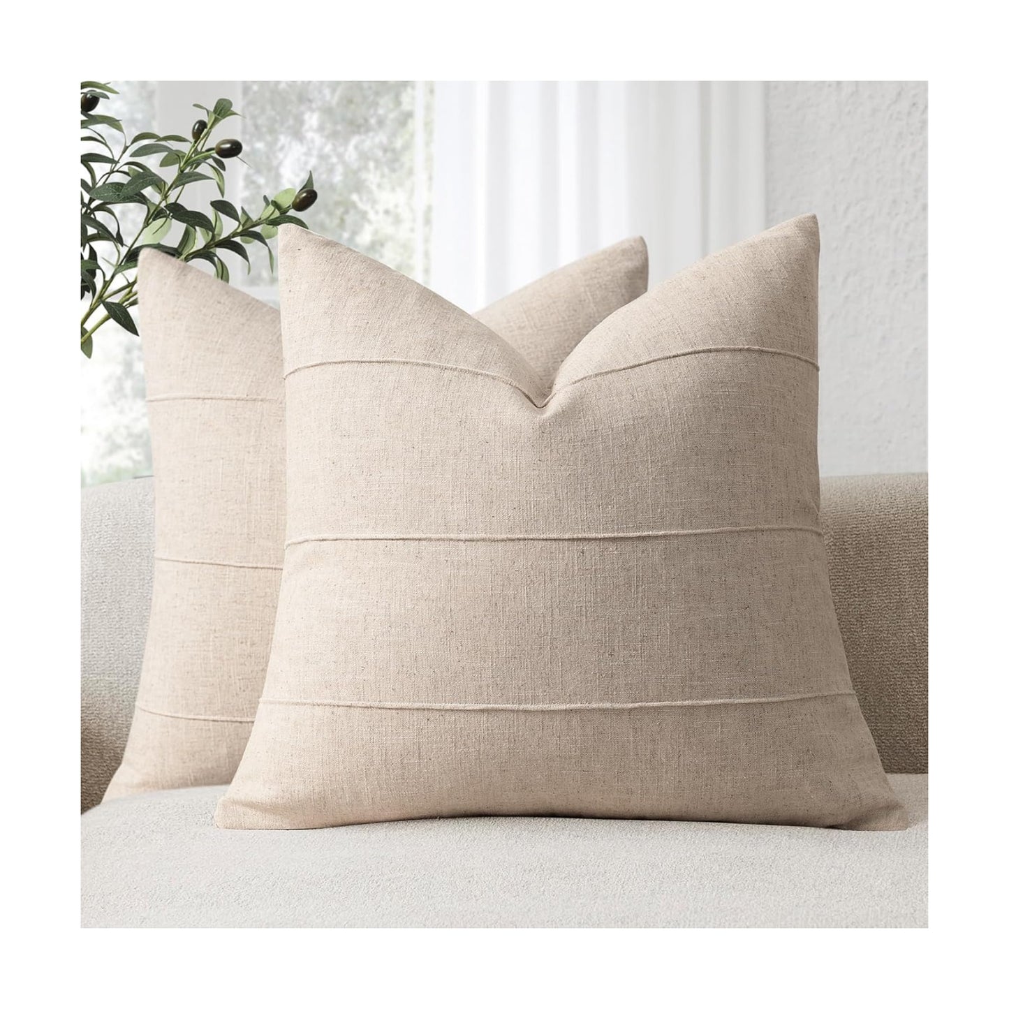 Decorative Linen Throw Pillow Covers Solid handcrafted Striped / Natural Beige / 18 x 18 / Set of 2