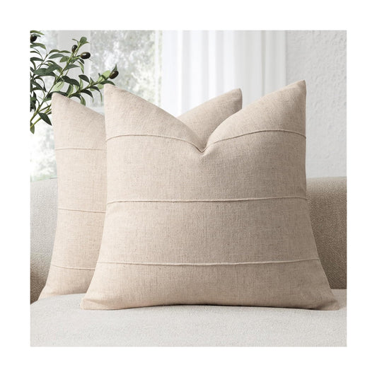 Decorative Linen Throw Pillow Covers Solid handcrafted Striped / Natural Beige / 18 x 18 / Set of 2