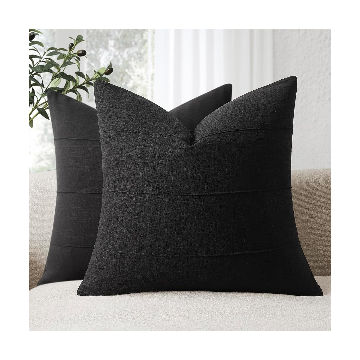 Decorative Linen Throw Pillow Covers Solid Handcrafted Striped Cushion / Black / 18 x 18 / Set of 2
