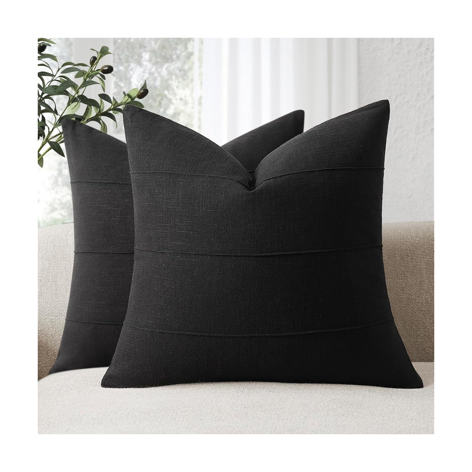 Decorative Linen Throw Pillow Covers Solid Handcrafted Striped Cushion / Black / 18 x 18 / Set of 2