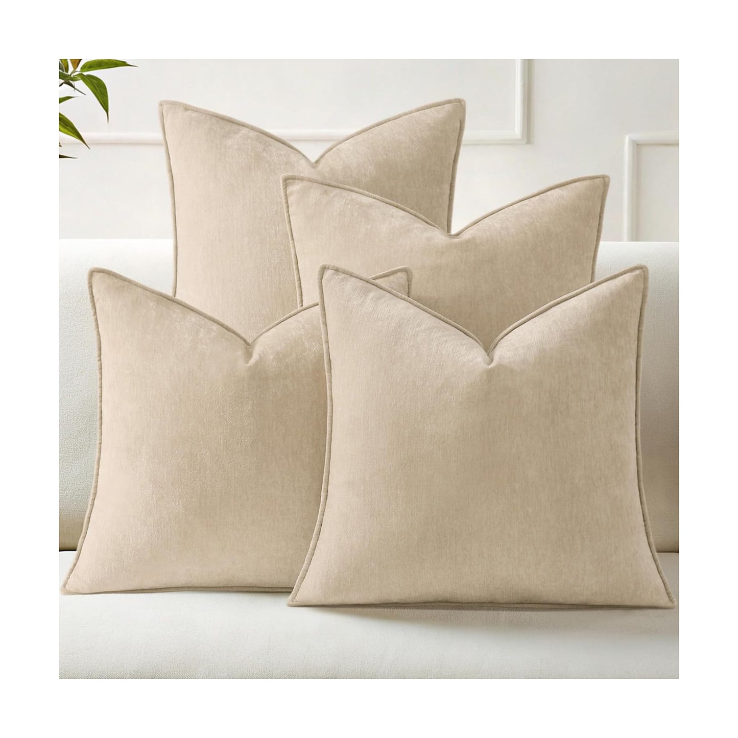 Decorative Soft Neutral Chenille Pillow Covers / Natural Beige / 18 x 18 / Set of 4