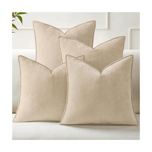 Decorative Soft Neutral Chenille Pillow Covers / Natural Beige / 18 x 18 / Set of 4
