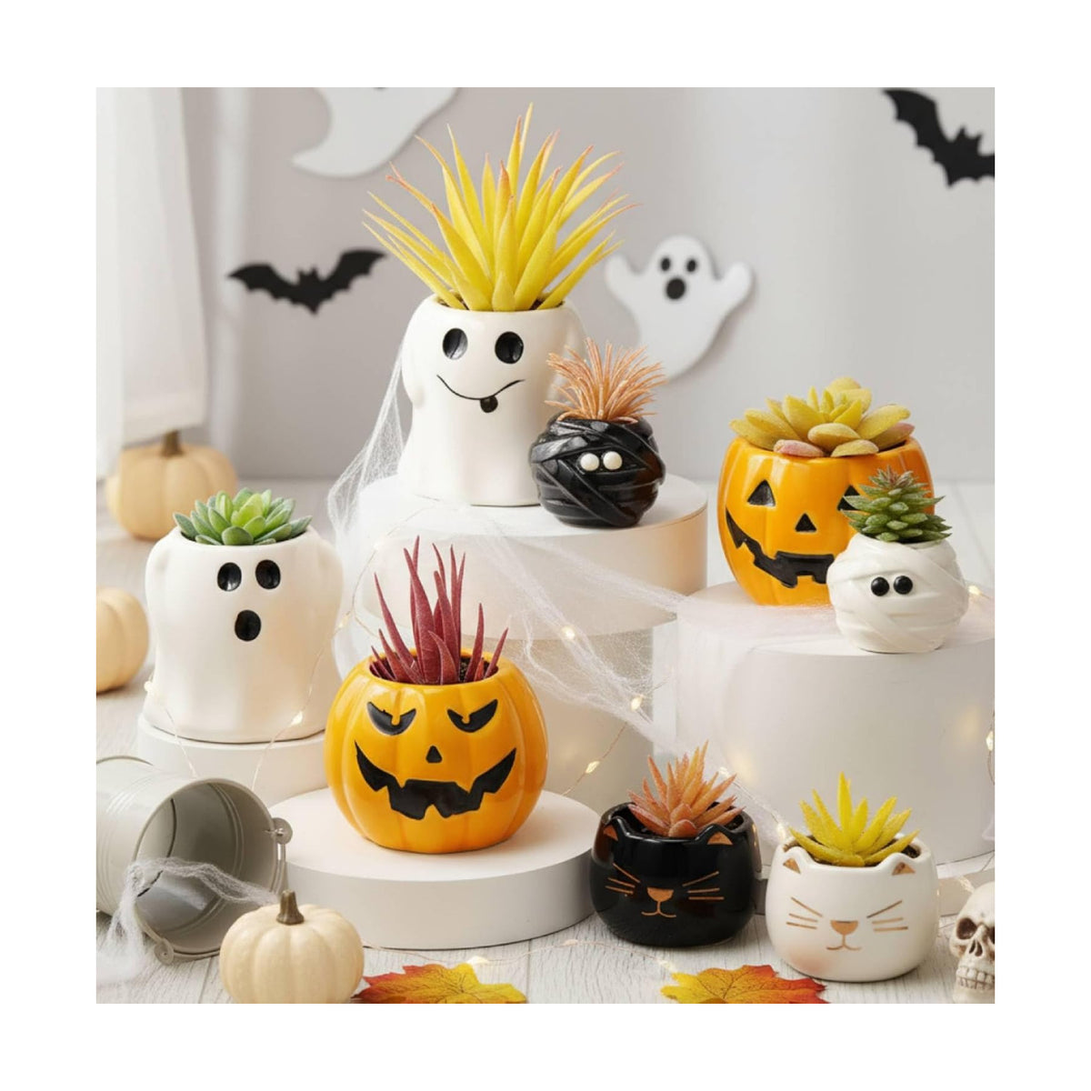 DoubleFill 8 Pcs Halloween Ceramic Succulent Planters Small Flower Pots