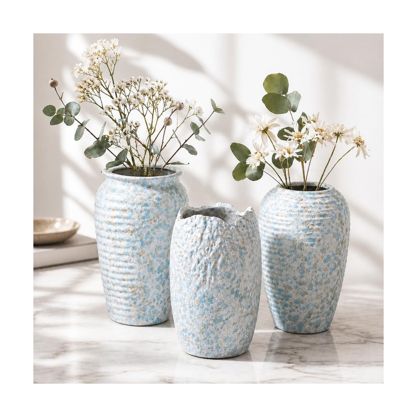 Ceramic Vases / Decorative Flower / Blue White 3 Set / Set of 3
