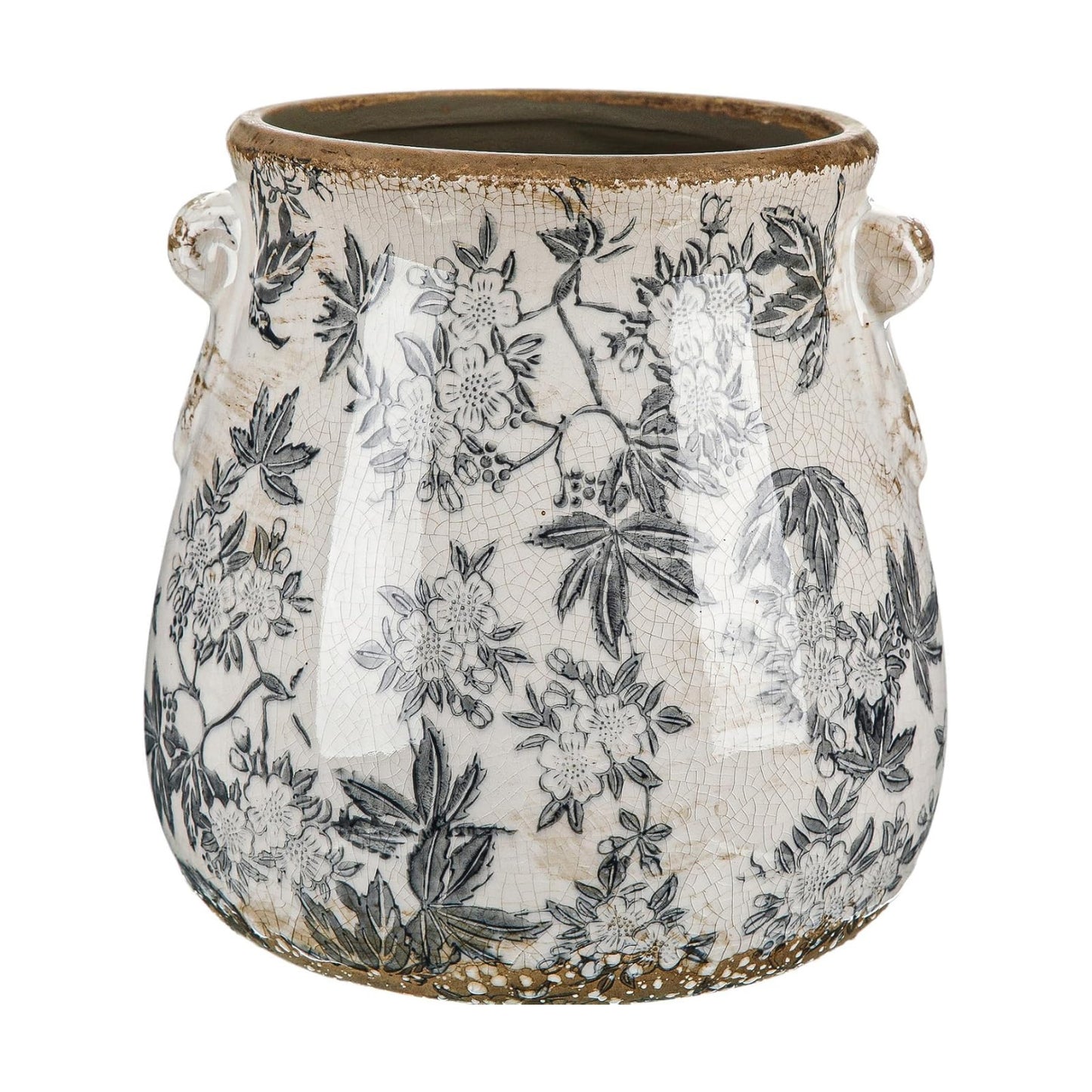 Ceramic Scroll Planter Chinoiserie Floral Vase / Retro Gray / 6.5 Inch