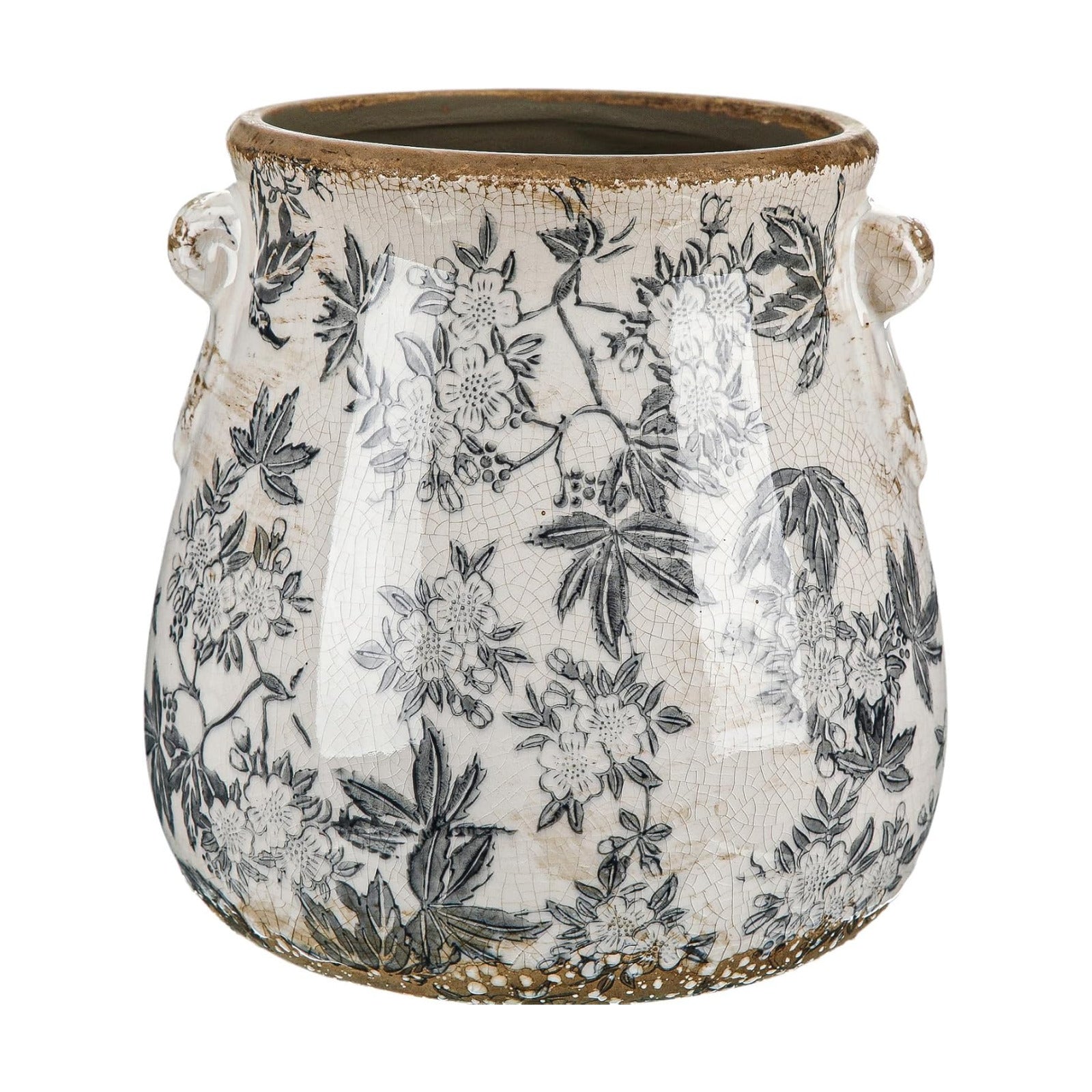 Ceramic Scroll Planter Chinoiserie Floral Vase / Retro Gray / 6.5 Inch