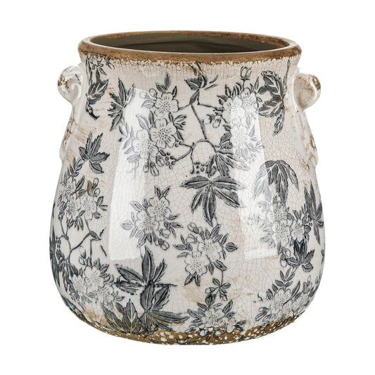 Ceramic Scroll Planter Chinoiserie Floral Vase / Retro Gray / 6.5 Inch