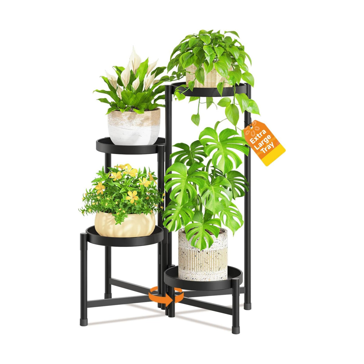 LASZOLA Plant Stand Indoor with 10 Inch Large Metal Tray, 4 Tier Black | Corner Tall Folding Flower Display Rack