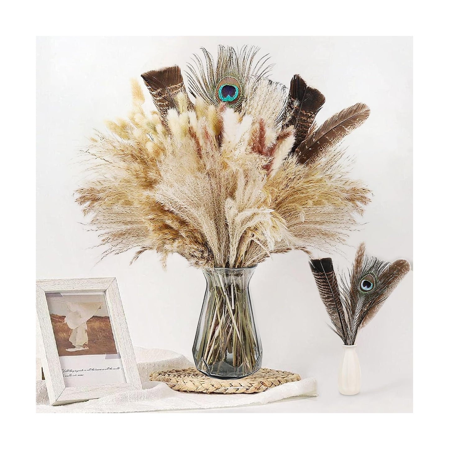 Feathers Boho Flowers Arrangement / 16-17inch / Natural / 17 Inch / Set of 100