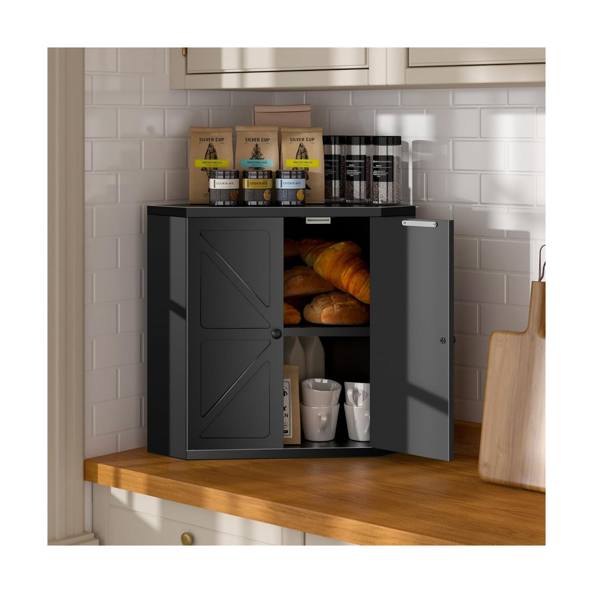 Corner Bread Box for Kitchen Countertop,Storage Container for Homemade Bread, Double Layer BreadBox, Large Capacity