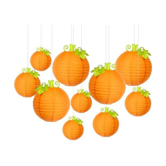 10 Pack Jack Skellington Pumpkin Paper Lanterns with Realistic Stem & Leaves - 3D Orange Hanging Decor for Halloween Porch, Trick-or-Treat, Fall Wedding & Thanksgiving Party Supplies