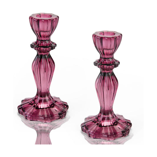 Glass Candle Holders, 2PCS Wide Base Candlestick Holder Decorative Candle Stand Table Centerpieces for Halloween Christmas Wedding Birthday Party, Dark Purple