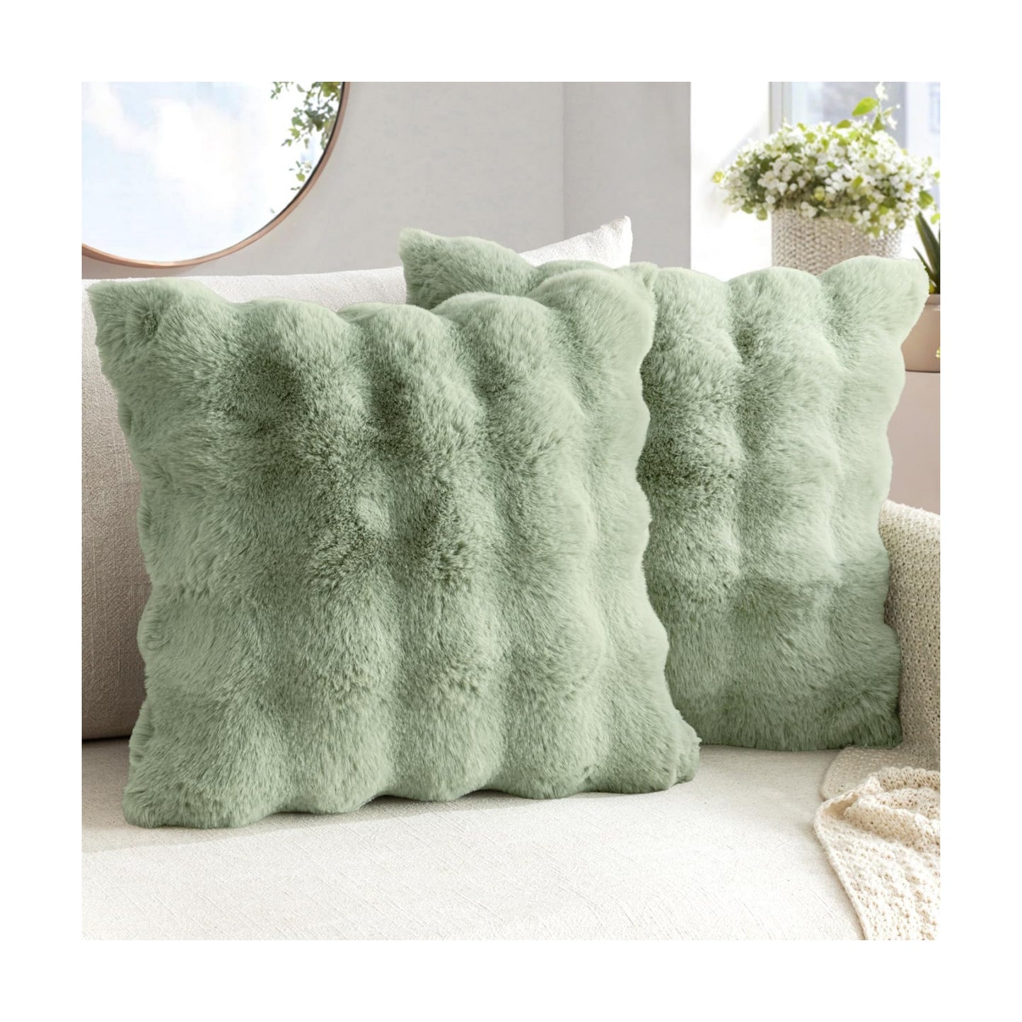 Faux Fur Pillow Covers Thick Soft Plush Throw Pillows Spring Home / 18 x 18 / Sage Green / Set of 2