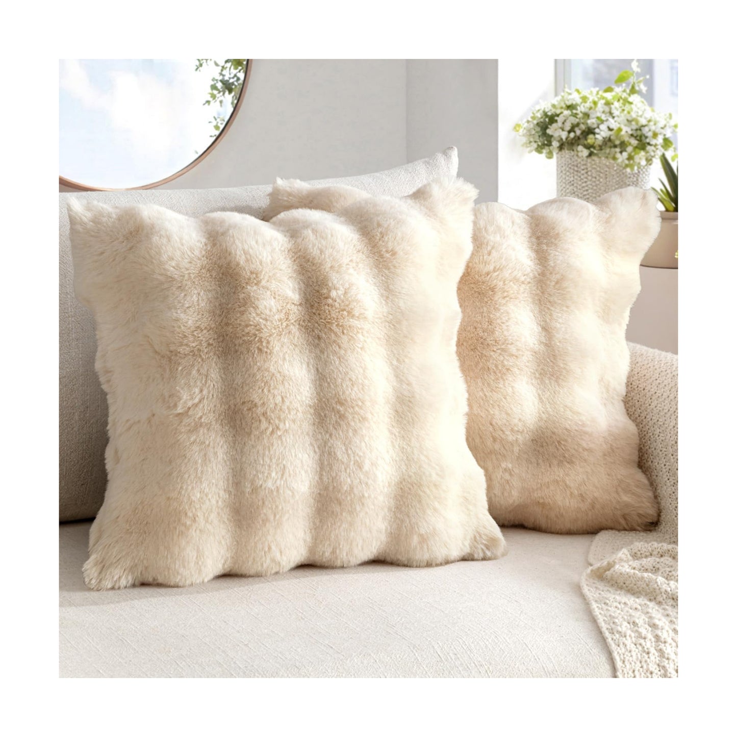 Faux Fur Pillow Covers Thick Soft Plush Throw Pillows Spring Home Decor / 18 x 18 / Beige / Set of 2