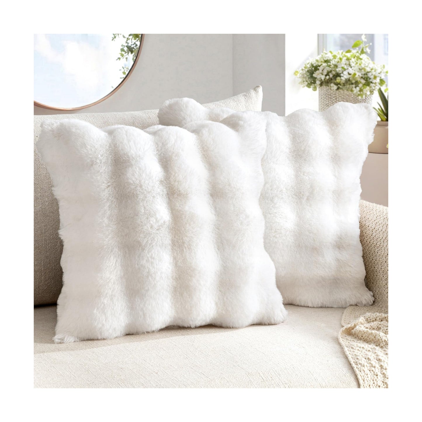 Faux Fur Pillow Covers Thick Soft Plush Throw Pillows Spring Home Decor / 18 x 18 / White / Set of 2