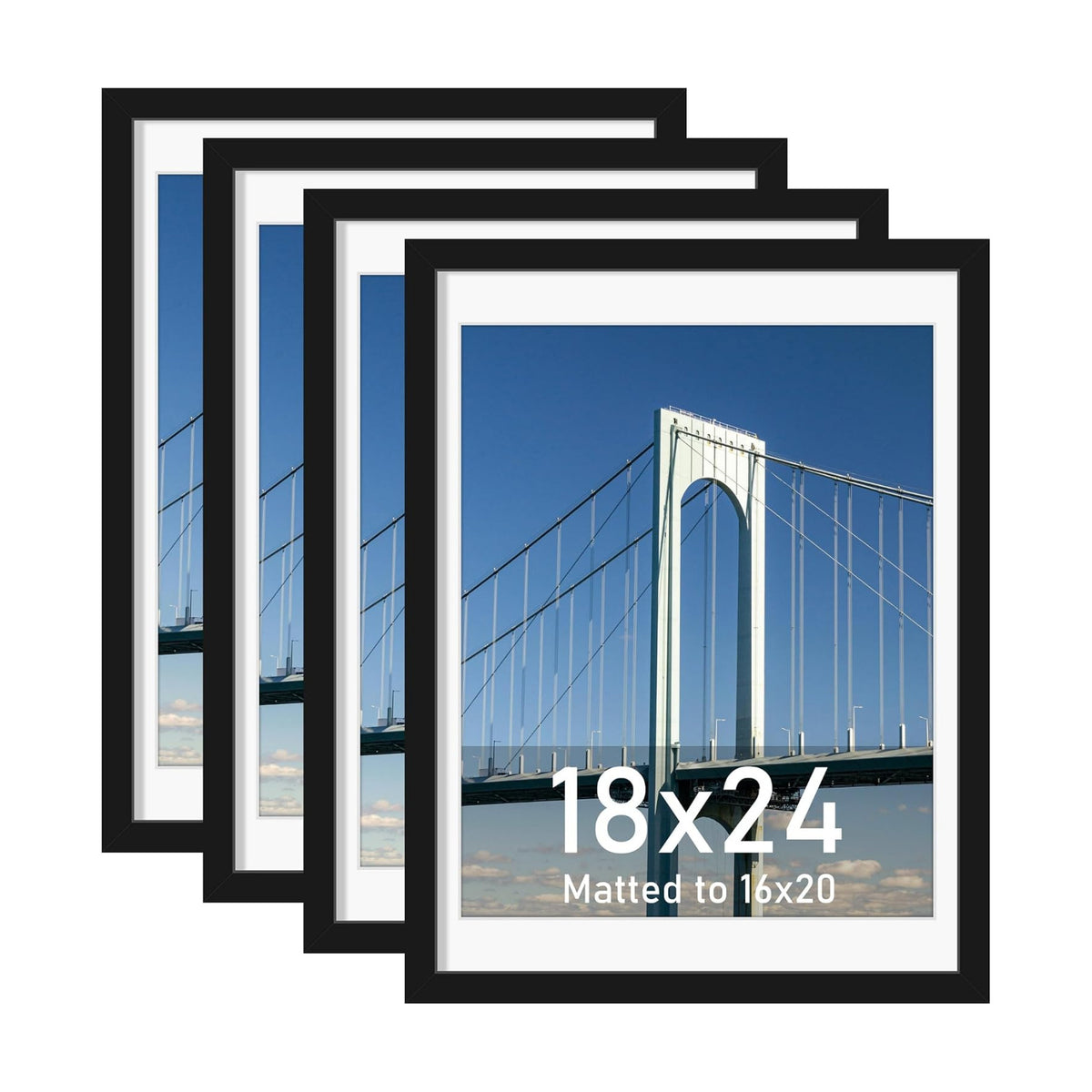 Wiscet 18x24 Poster Frame Set of 4, for Wall Mounting, Black | Display Picture 16x20 with Mat or 18x24 without Mat