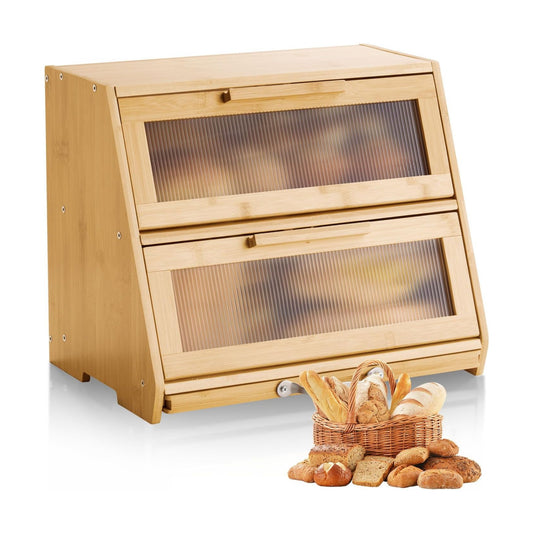 VEVOR Double Layer Bread Box for Kitchen Counter, Large Capacity Bamboo Bread Storage Container, Farmhouse Wooden