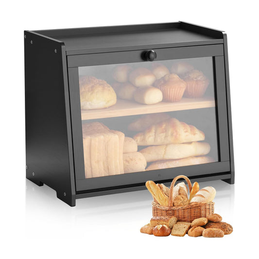 VEVOR Double Layer Bread Box for Kitchen Counter, Large Capacity Bamboo Bread Storage Container, Farmhouse Wooden